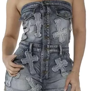 Cross Embroidery Stretch Denim Playsuit | Women's Sexy Bodycon Overalls | 2024 Streetwear