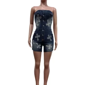 Cross Embroidery Stretch Denim Playsuit | Women's Sexy Bodycon Overalls | 2024 Streetwear