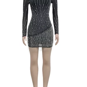 Crystal Embellished Fringed Mini Dress with Pearls & Rhinestones