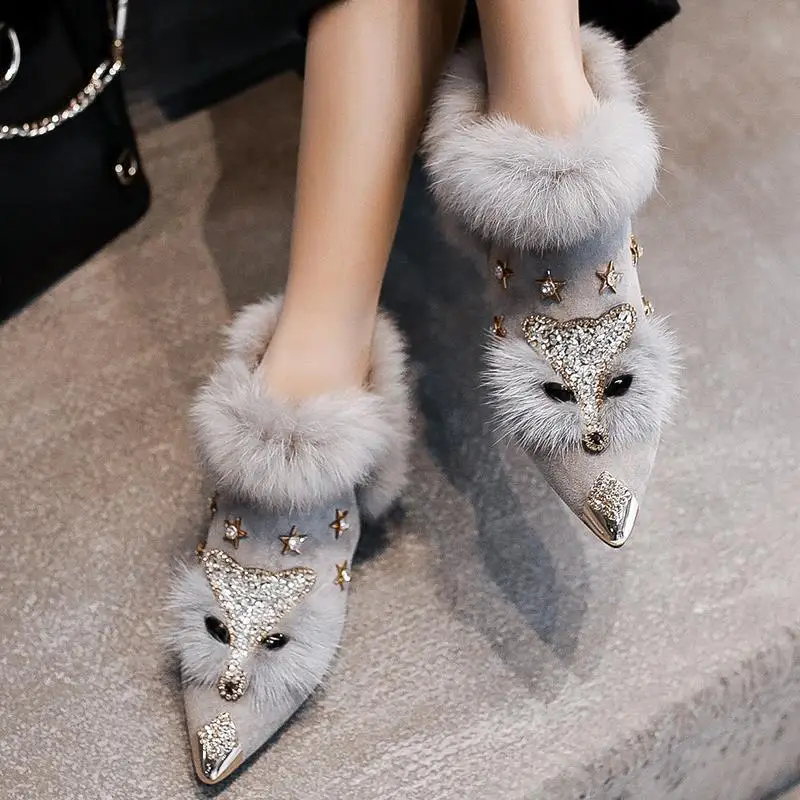 Crystal Fox Head Women's Winter Ankle Boots | Metal Pointed Toe High Heel Shoes