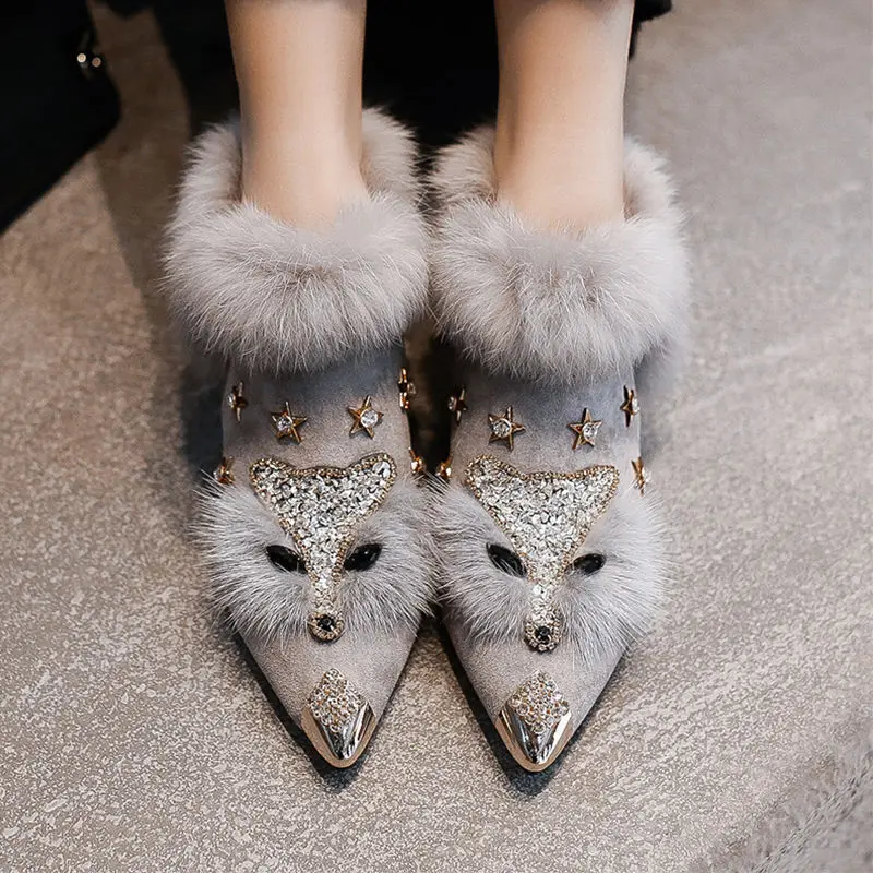 Crystal Fox Head Women's Winter Ankle Boots | Metal Pointed Toe High Heel Shoes