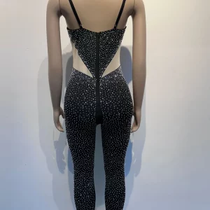 Crystal Mesh Patchwork Jumpsuit for Women - Glamorous Fitted Romper for Clubwear & Birthday Outfits