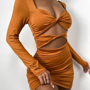 Deep V-Neck Bodycon Mini Dress with Pleats - Women's Party Hollow Out Long Sleeve Ruched Design