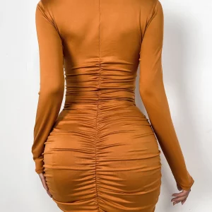 Deep V-Neck Bodycon Mini Dress with Pleats - Women's Party Hollow Out Long Sleeve Ruched Design