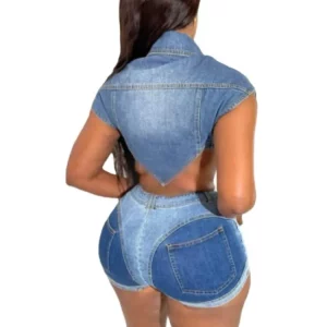 Denim 2-Piece Set: Hipster Lapel Sleeveless Top & Tight Shorts - 2024 Summer Streetwear