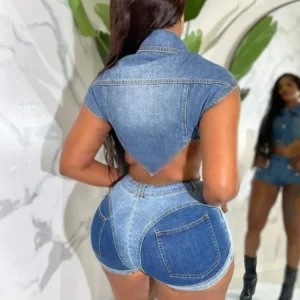 Denim 2-Piece Set: Hipster Lapel Sleeveless Top & Tight Shorts - 2024 Summer Streetwear