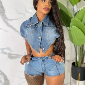 Denim 2-Piece Set: Hipster Lapel Sleeveless Top & Tight Shorts - 2024 Summer Streetwear