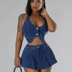 Denim Two-Piece Set: Hipster Halter Tank Top & Shorts Skirt - 2024 Summer Streetwear