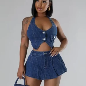 Denim Two-Piece Set: Hipster Halter Tank Top & Shorts Skirt - 2024 Summer Streetwear