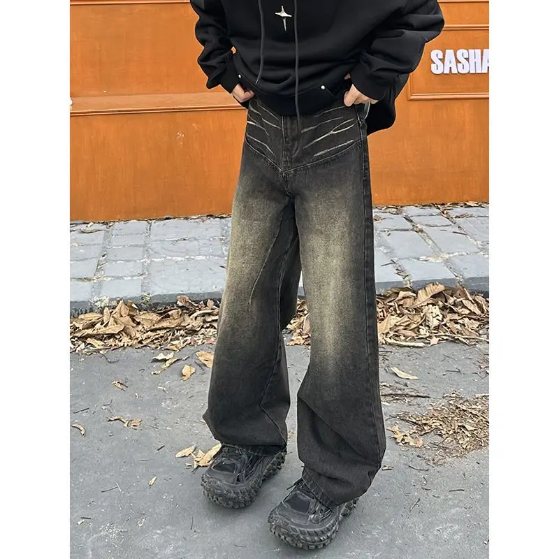 Distressed Grayish Black Loose Straight Jeans Harajuku Style