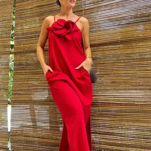 Elegant 3D Red Flower Maxi Dress for Women - Sleeveless Spring Party Vestidos