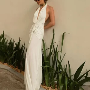 Elegant Backless Halter Maxi Dress for Women - Sexy Solid Pleated Tassels - Fashionable Lady's Long