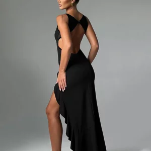 Elegant Black Backless High Split Long Dress for Women