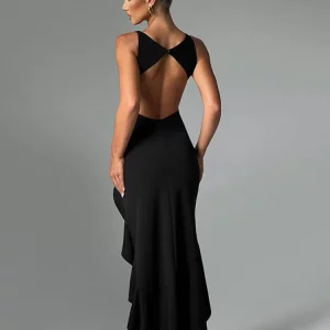 Elegant Black Backless High Split Long Dress for Women