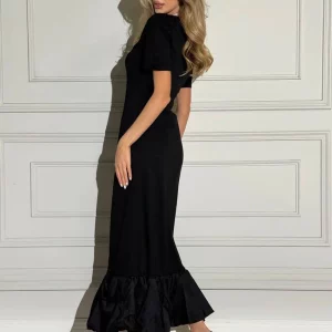 Elegant Black Knitted Bodycon Dress | 2024 Summer V-Neck Ankle-Length | Short Sleeve Women's