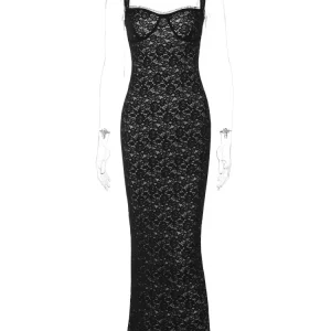 Elegant Black Lace Bodycon Party Dress with Spaghetti Straps