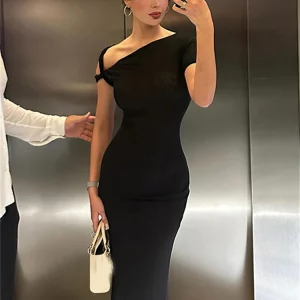 Elegant Black Off-Shoulder Maxi Dress for Women - Sleeveless Bodycon Evening Party Clubwear