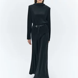 Elegant Black Satin 2-Piece Women's Outfit 2024 - Long Sleeve Shirt & High Waist Skirt