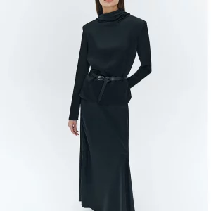 Elegant Black Satin 2-Piece Women's Outfit 2024 - Long Sleeve Shirt & High Waist Skirt