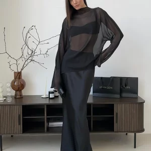 Elegant Black Skirt Set: Sexy Loose Shirt & High Waist Skirt