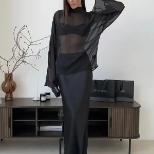 Elegant Black Skirt Set: Sexy Loose Shirt & High Waist Skirt