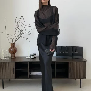 Elegant Black Skirt Set: Sexy Loose Shirt & High Waist Skirt