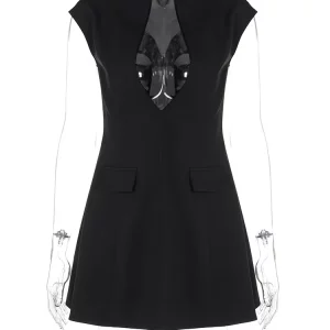 Elegant Black Sleeveless Mini Dress with Deep V-Neck - Sexy A-line Nightclub Fashion