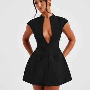 Elegant Black Sleeveless Mini Dress with Deep V-Neck - Sexy A-line Nightclub Fashion