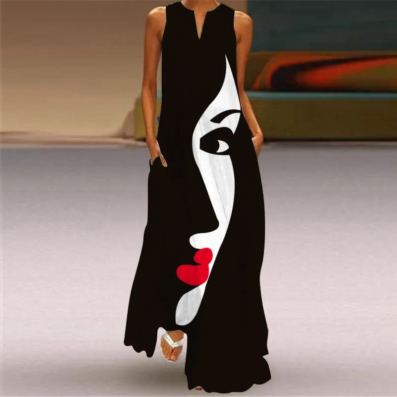 Elegant Black Sleeveless Summer Dress with Face Print