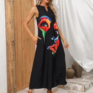 Elegant Black Sleeveless Summer Dress with Face Print