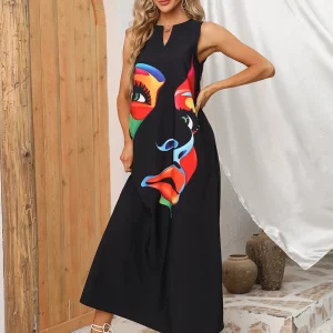 Elegant Black Sleeveless Summer Dress with Face Print