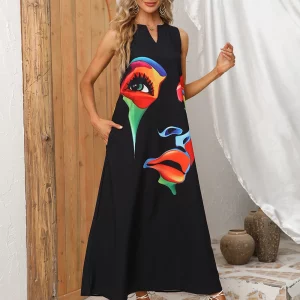 Elegant Black Sleeveless Summer Dress with Face Print