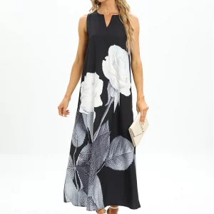 Elegant Black Sleeveless V-Neck Summer Dress for Women