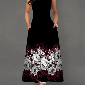 Elegant Black Sunflower Print Sleeveless V-Neck Dress