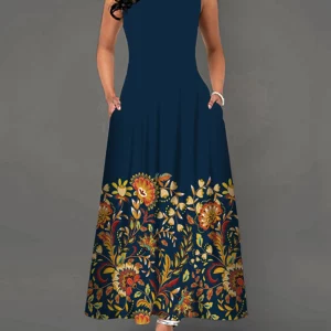 Elegant Black Sunflower Print Sleeveless V-Neck Dress