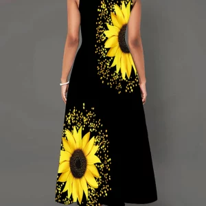 Elegant Black Sunflower Print Sleeveless V-Neck Dress