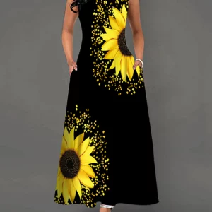 Elegant Black Sunflower Print Sleeveless V-Neck Dress