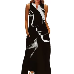 Elegant Black Vintage Dress Women Plus Size V-neck Sleeveless Printed Beach Party Summer Long Dress