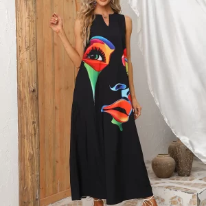 Elegant Black Vintage Dress Women Plus Size V-neck Sleeveless Printed Beach Party Summer Long Dress