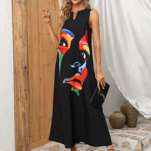 Elegant Black Vintage Dress Women Plus Size V-neck Sleeveless Printed Beach Party Summer Long Dress