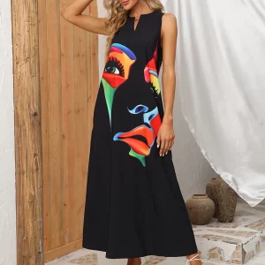 Elegant Black Vintage Dress Women Plus Size V-neck Sleeveless Printed Beach Party Summer Long Dress