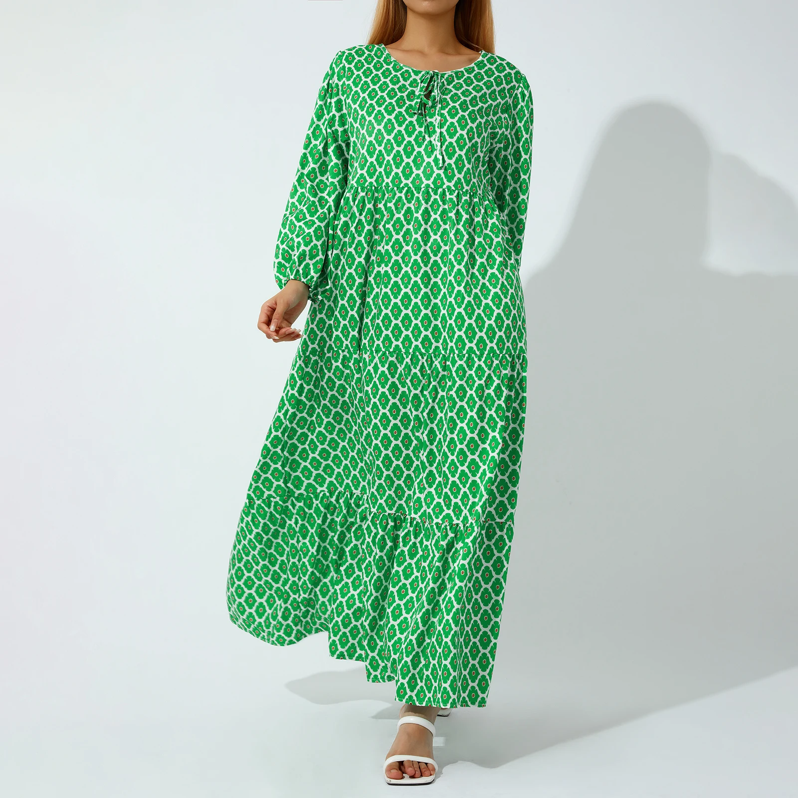 Elegant Boho Maxi Dress with Puff Sleeves - Floral Drawstring V-Neck - Women's Summer Beach