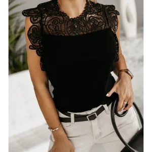 Elegant Contrast Lace Sleeveless T-shirt with Hollow Out Detail