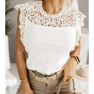 Elegant Contrast Lace Sleeveless T-shirt with Hollow Out Detail