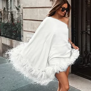 Elegant Diagonal Collar Feather Hem Mini Dress - Chic Women's Spring Fashion