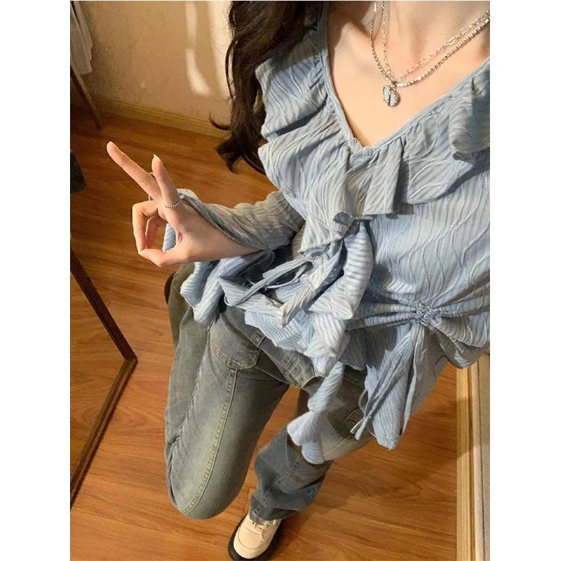 Elegant Flare Long Sleeve Ruffles Shirt for Women - Korean Fashion Sun Protection Blouse