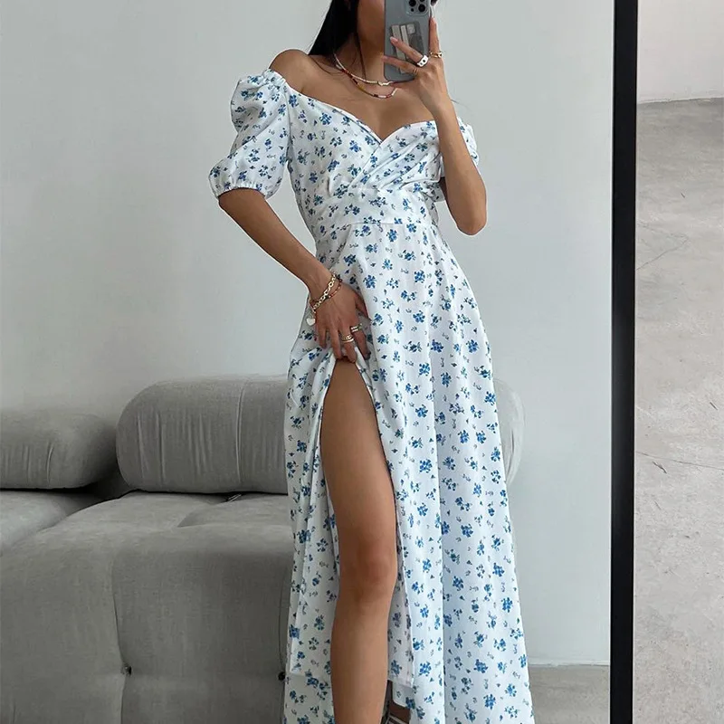 Elegant Floral Boho Sundress with Split V-neck