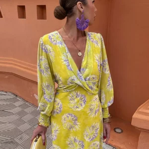 Elegant Floral Maxi Dress with V-Neck and Long Sleeves - 2024 Spring Fashion for Women