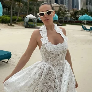 Elegant Halter Lace Mini Dress | Sexy Sleeveless A-line | 2024 Summer Beach Party Robes