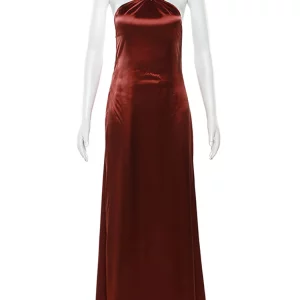 Elegant Halter Maxi Dress with Shiny Lace-Up Back